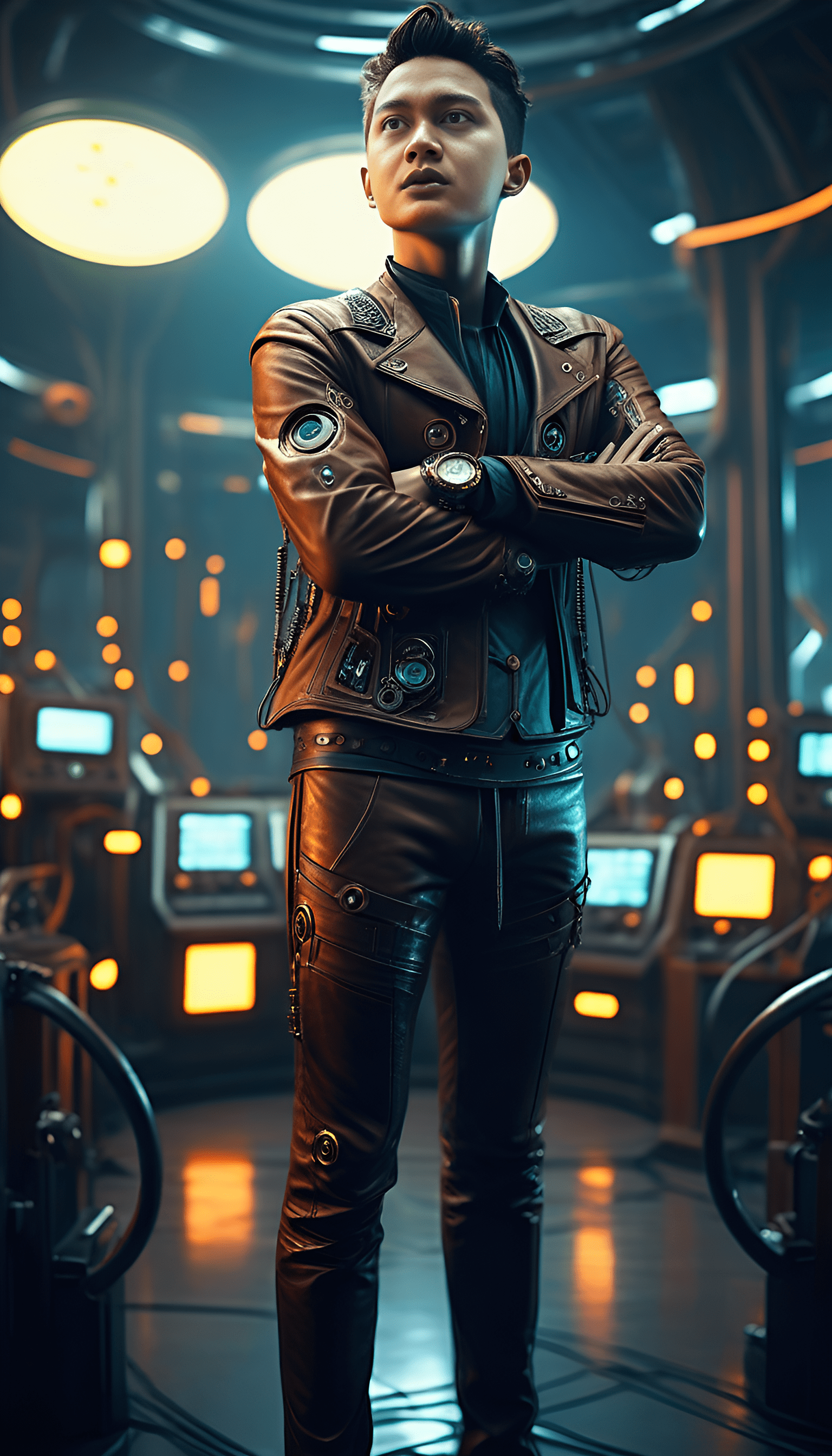 Cooll man, a large circular platform reminiscent of a futuristic stadium, there are numerous computer terminals and high-tech control stations around, intense emotions, dangerous battles, and deep psychological themes that stand out in the sci-fi world, dynamic pose, looking at viewer, (masterpiece, professional work, award winning) , ultra realistic illustration, biochemical android steampunk, ultra detailed steampunk, hyper realistic color splash art, unreal minimalism with octane render, depth of field with bokeh, (epic composition, epic proportion, epic fantasy) , cinematic lighting, volumetric lighting, vibrant color, raw photo, photography, sc-fi, uhd, dslr, 8k