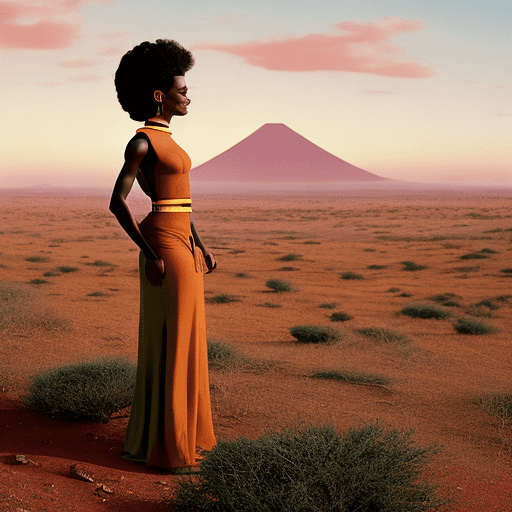 The cinestill hasselblad 85 mm camera has a (wide shot:1. 4) , golden ratio, focus on the 24th century fit attractive stunning (afrofuturistic:1. 5) eritrean woman, with (ponytail:1. 3) , space captain as she stands on a hill, facing the camera, overlooking the stunning serengeti plains. She stands tall and confident in her full battle dress vibranium armor, adorned with authentic black and gold kente cloth design. With her hands behind her back in a captain stance, she gazes out over the city inspired by wakanda and white panther in the background, her homecoming after a long seven-year mission patrolling the outer spiral arm of the milky way galaxy. The golden hour sun casts a warm glow over her, highlighting her fit and attractive features. The scene is both epic and intimate, capturing the emotions of a warrior returning home to her people. Realistic, photorealistic, afro-futuristic, movie inspired by interstellar and black panther, directed by ava duvernay