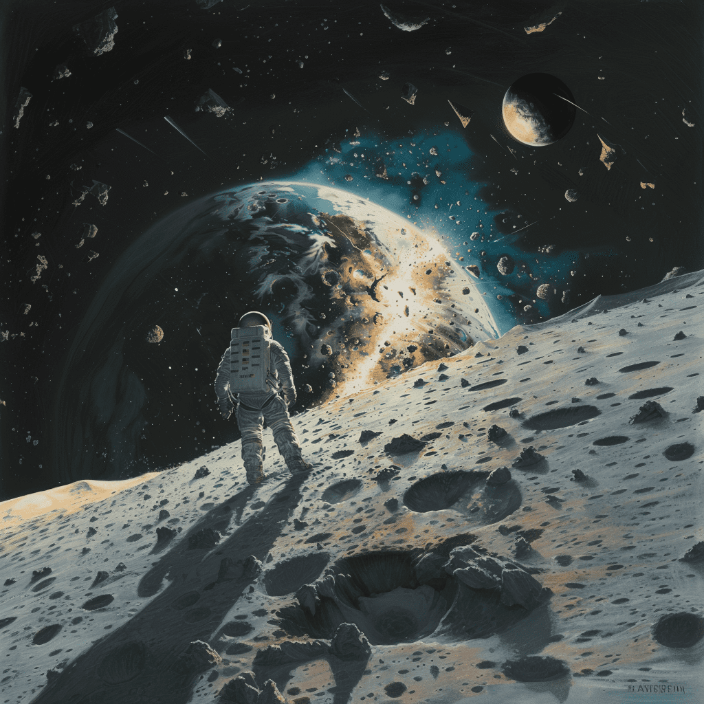 Man with spacesuit on the moon, looking at the earth, earth explodes beautifully, top angle