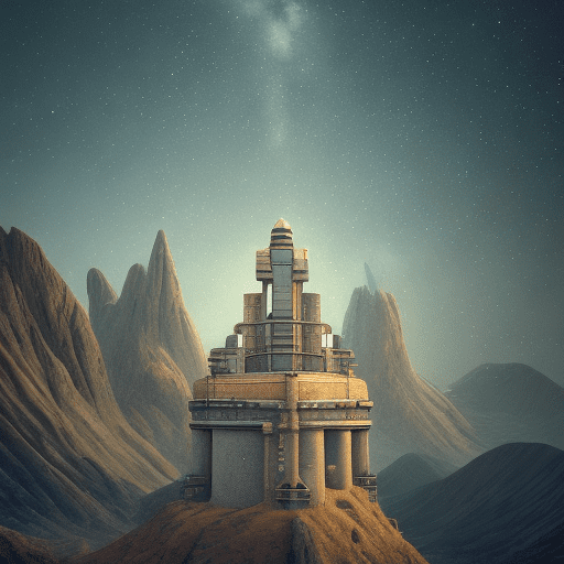 A lonely spire in the middle of the mountain range and a girl with a telescope in it, in front of, extreme long shot, pictures of beautiful backgrounds where space plants grow in hyperrealistic, cinematic, rich colors and pastel tones. You have to be symmetrical, creative, and feel like a greek mural, add glittering stars and planets, geometrically, completely left-right symmetrical, the composition, color, and cinematic expression are wes anderson style