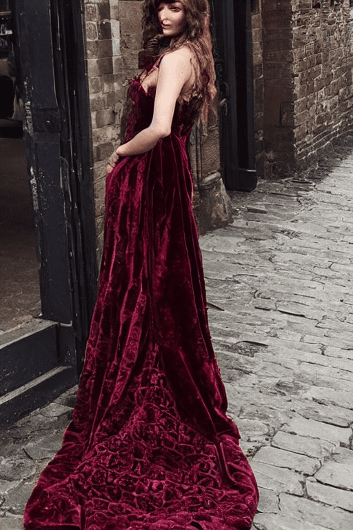 A breathtakingly gorgeous woman dressed in an intricate victorian gown, standing with poise and a hint of melancholy in the cobblestone street of an old town. The dress, a rich tapestry of velvet and silk in deep shades of burgundy, adorned with delicate lace, hugs her graceful figure, the fabric reflecting the warm, dramatic light that cascades upon her from the gas lamp above. Her porcelain skin, flawless and slightly flushed, contrasts with the stark shadows that dance across her features, cast by the antique street lamps that line the deserted alleyway. Her piercing eyes, framed by long, dark lashes, hold a captivating intensity that seems to pierce through the veil of the past and into the soul of the beholder. A string of pearls graces her neck, drawing the eye to the modest neckline of her dress, while her auburn hair, piled atop her head in an elegant updo, is accentuated by the play of light and shadow. The street, a cobblestone labyrinth of yesteryear, is shrouded in a mysterious aura, the ancient buildings leaning inwards as if whispering secrets only she can hear. The dramatic chiaroscuro lighting, reminiscent of a renaissance painting, illuminates the woman's ethereal beauty while simultaneously enveloping the surrounding scene in a cloak of timeless enigma. The vintage allure of her attire and the historical backdrop create a tableau that transcends the boundaries of time, inviting the viewer to step into a bygone era of grandeur and intrigue.
