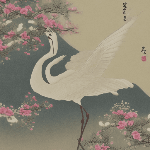 Photo of beautiful korean traditional folk painting. The background is light ivory in korean paper. In the center of the screen, there is a white crane is spotted flying. There are no scenery like trees. Only objects that minimize objects can be drawn as neat layout as possible. Thin and delicate description, beautiful colors in pastel tones, very flat but delicate description without writing, good image quality,