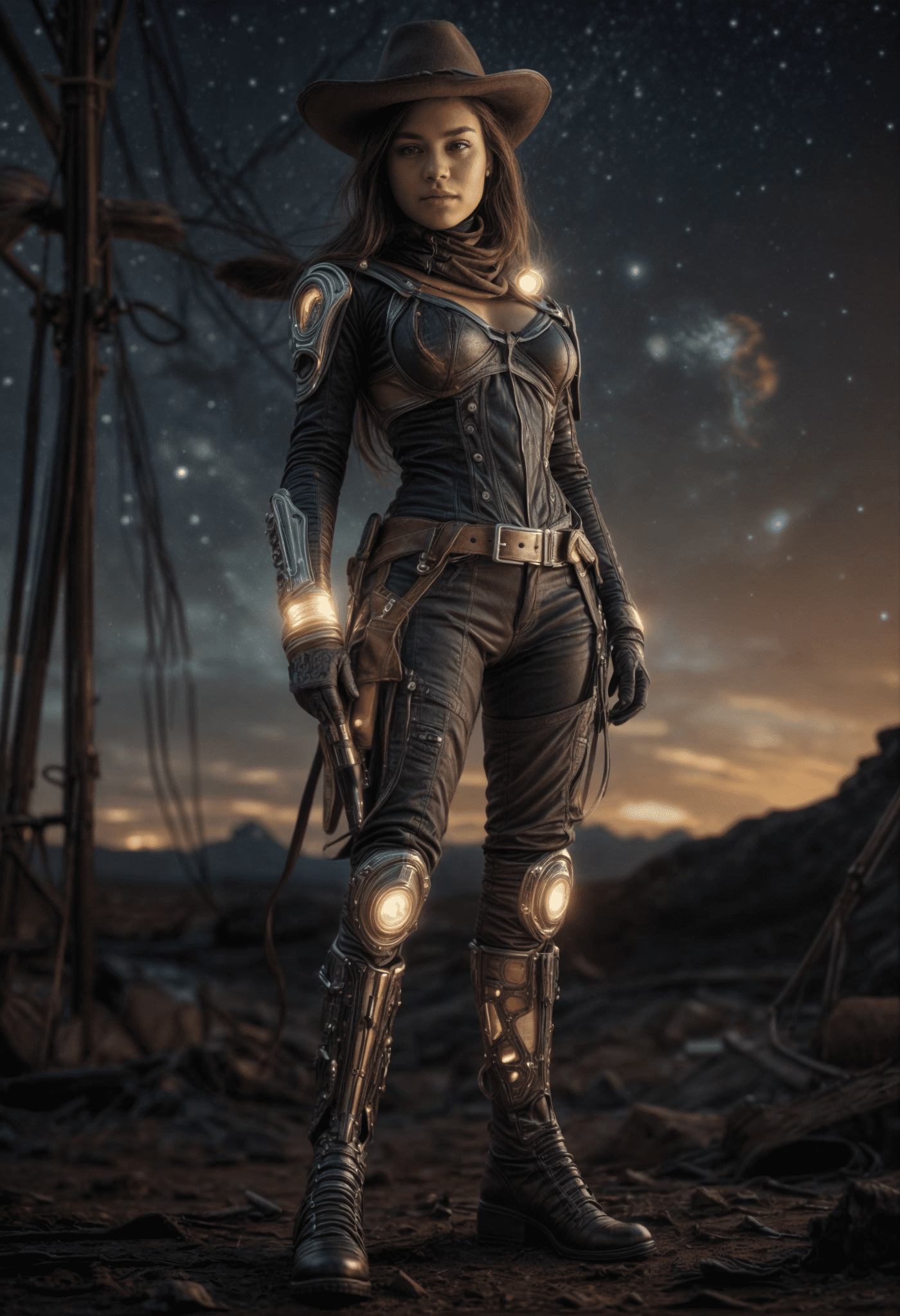 Award winning photo of a cowgirl, different cinematic scene, half-length body portrait, highdetailed face, symmetric, steampunk, cyberpunk, cyborg, intricate, dynamic lights, glowing, shiny, cabel , circuits on body and face