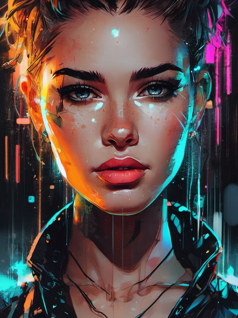 Portrait of a girl, glowing tattoos, hologram, freckles, blush, cyberpunk art style, cyberpunk surroundings, glowing neon lights, raining, glowing eyes, detailed beautiful face, masterpiece, dramatic, close up, depth of field, very intricate, unforgettable, digital art style, painting style, by russ mills and milo manara