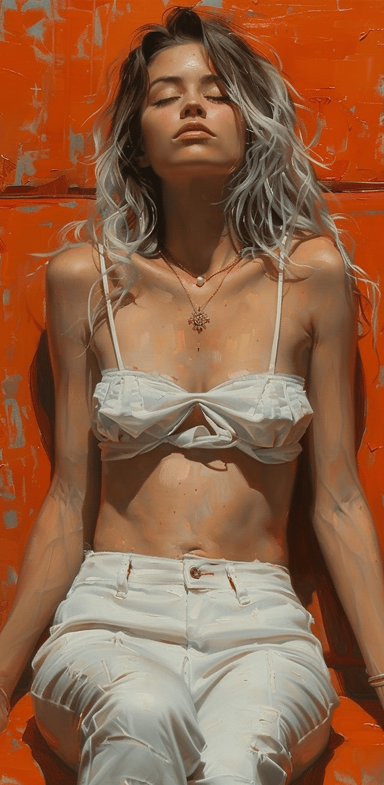 Oil painting of woman sitting on an orange chair, wearing a white top and pants, against an orange background, with shadow play, from a low angle, in the style of ashley wood, reminiscent of game of thrones, with a minimalist composition featuring light blue tones --ar 63:128 --stylize 750