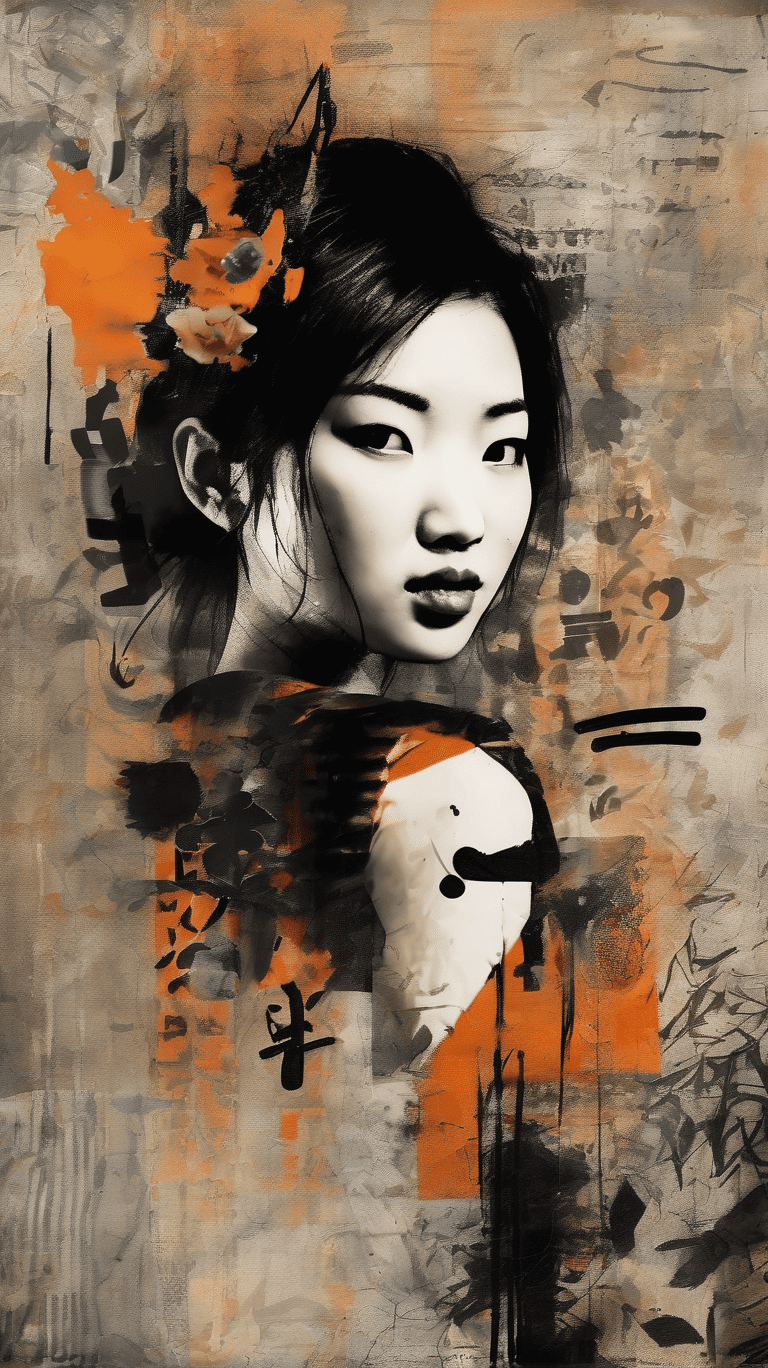 Asian woman, beautiful face, black and orange color tones, wabi-sabi art, abstract , punk collage , urbanpunk, flowerpunk, random textures, random graffiti strokes, kanji characters, surreal artwork, impermanence