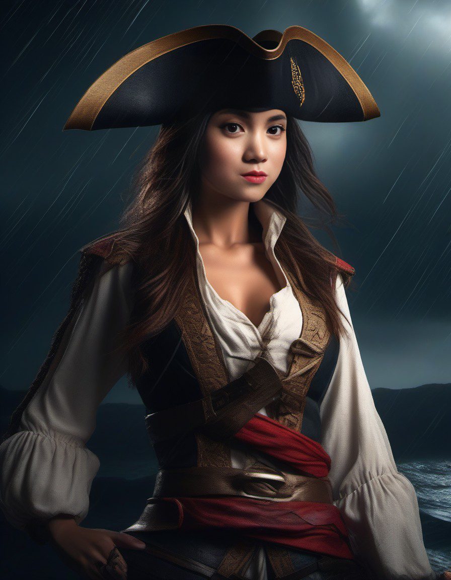 Waist lenght body shot of a lady pirate in a stormy weather background, dense atmospheric, wet, dark, creepy, light brown skin middle eastern features, femme fatale, finely detailed pirate outfit, intricate pirate accessories, very detailed, octane render, photorealistic, cinematic, cinematic noise, dramatic, photography lighting, depth of field, dramatic light, real shadow, movie quality rendering, vfx post production, rtx tracing lighting --ar 9:16