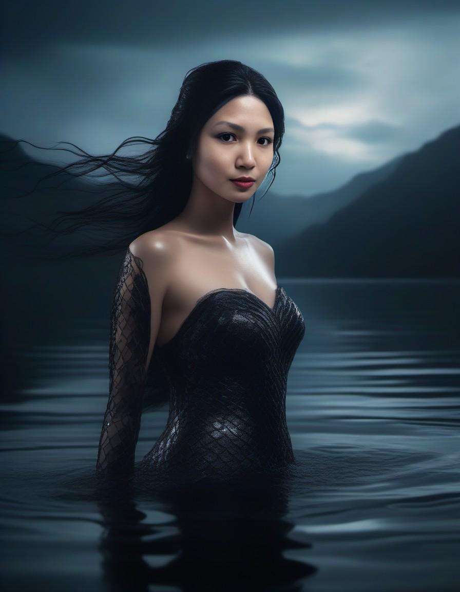 Beautiful mermaid on a lake, wet and dense, mysterious, siren, unholy, creepy, horror, dark, intricate design and details, dramatic lighting, photorealistic, cinematic, 8k --ar 9:16 --v 5