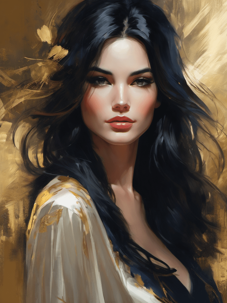 Half-body portrait of a seductive woman wearing a dress, painting style, dark long wavy hair, gold background, graceful and elegant, looking at the viewer, makeup, neutral facial expression, natural colors, 8k, very intricate, depth of field, unforgettable