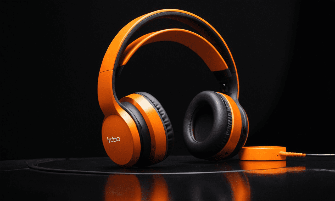 Product photography, concept design, focal high-end headphones, orange headset, sleek waterproof design floating headsets, wearing modern headphone, official product photo, innovative product concepts, product design shot, product render, black plastic headphones, an ambient occlusion render, the controlled studio lighting highlights the contrast between the materials, reflections, with a softbox providing even illumination, solid photo studio setting, studio black background