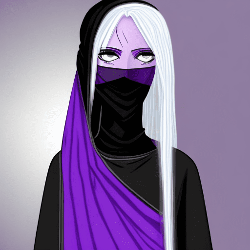 Satella tall, silver hair, woman, purple eyes, black dress, black veil covering head