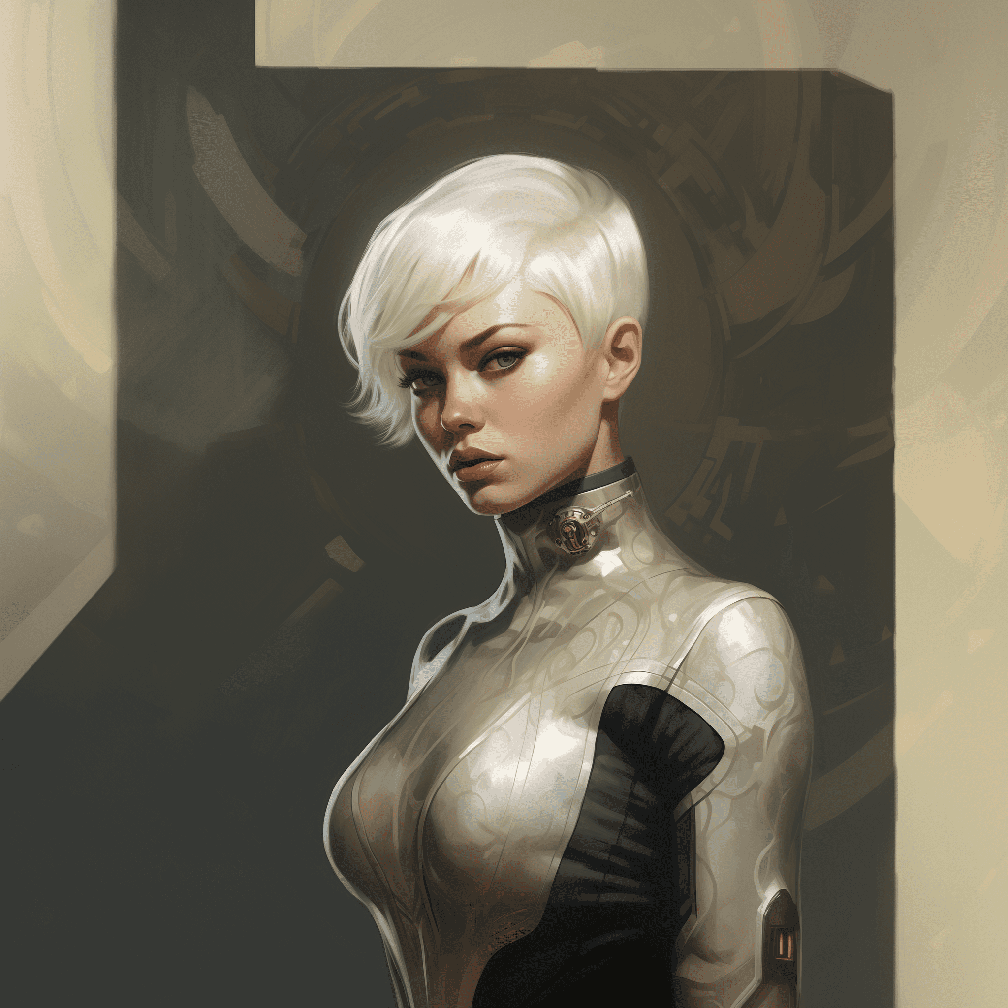 A beautiful pale woman with short white hair and dark eyes, wearing silver skintight futuristic , in the style of gerald brom. --v 5. 2