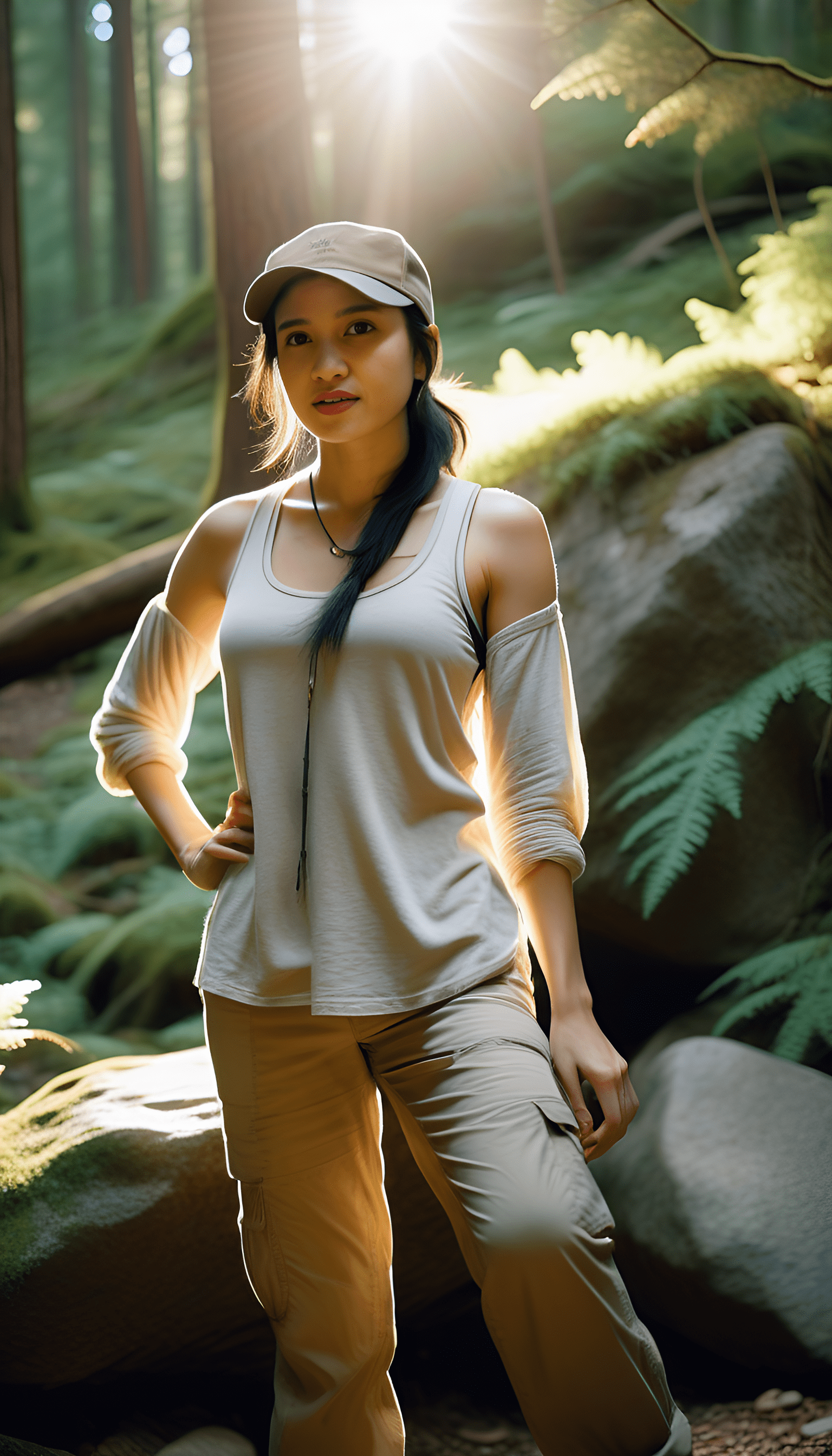 Medium close-up, candid photograph of, a woman with black hair fading to a light brown, crouching on a boulder, wearing a tank top, cargo pants, hiking boots, wearing a hat, is enjoying the peace and quiet in the afternoon in a mountain forest, masterpiece, uhd, natural light, realistic, sunlight, golden hour moment