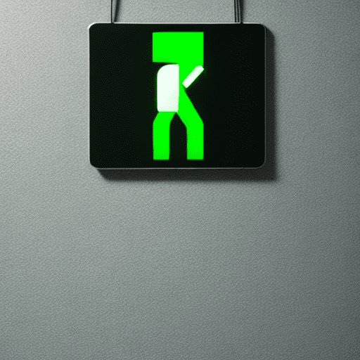 A entire and complete pure black background without any light with only a simple small green exit sign with an arrow in the center
