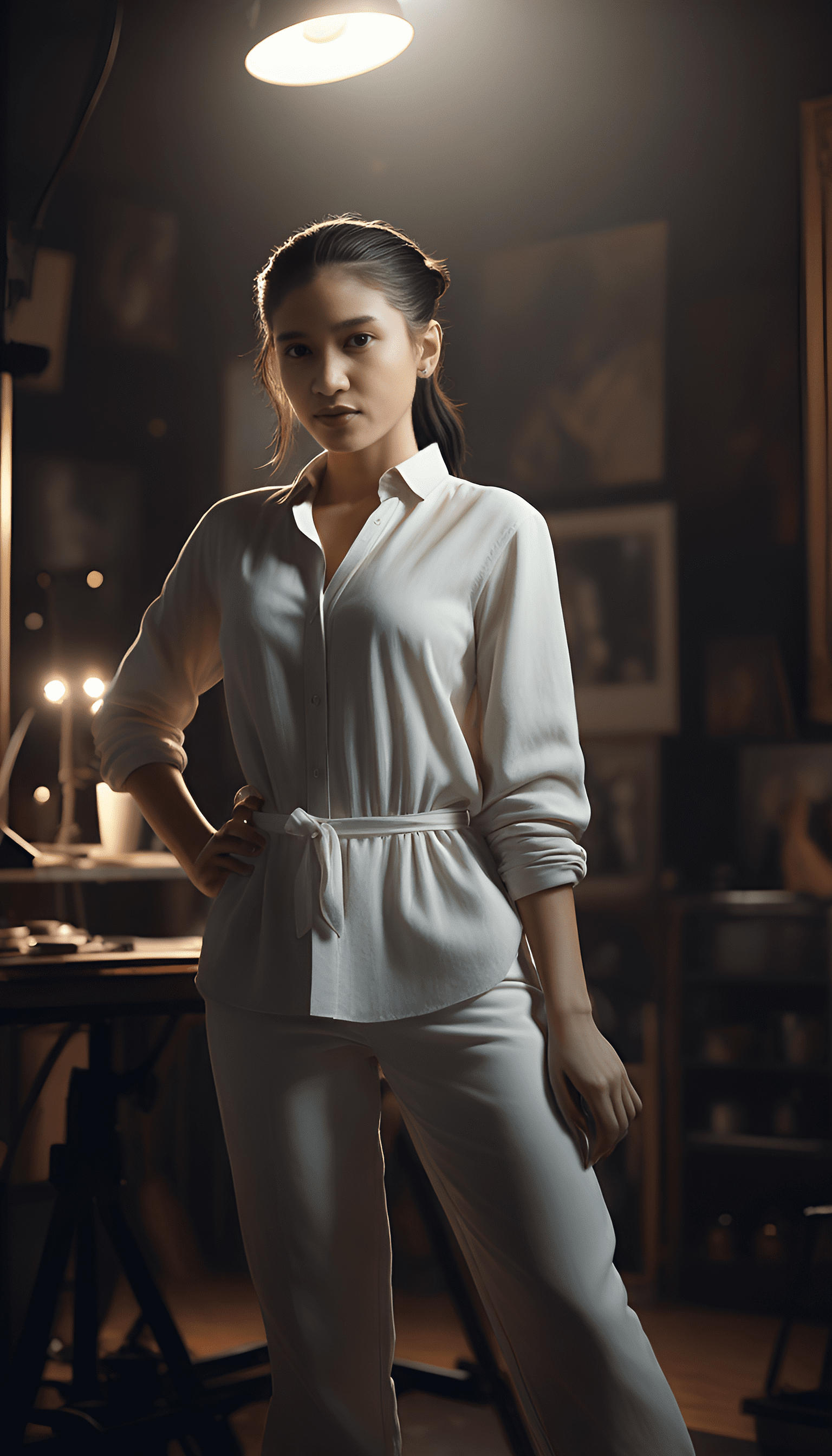 A female artist, subdued, sharp focus, studio photo, highly detailed, uhd, 8k, intricate details, dramatic lighting, trending on artstation, blak hair, ponytail