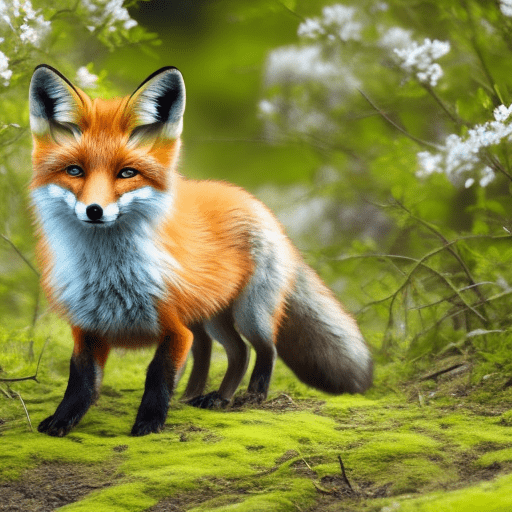 A small fox wandering through a beautiful forest in spring. A light ray is directly shining at it