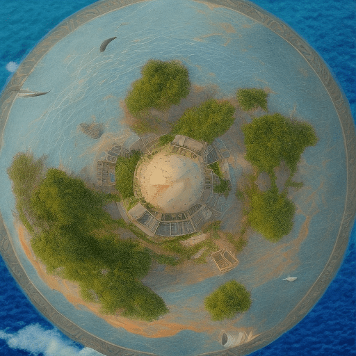 A picture beautiful and very small uninhabited island from the front, the sea is endless around it, and three small gulls are flying in the sunset sky. There are two moons, making it perfectly symmetrical from side to side. You have to be symmetrical, creative, and feel like a greek mural, add glittering stars and planets, geometrically, completely left-right symmetrical, the composition, color, and cinematic expression are wes anderson style