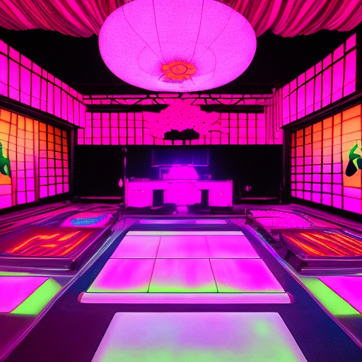 A rave featuring techno music with the pink as the main illumination color, with japanese style decoration inspired in the edo age. The place haves to be larger and having a dancefloor. The dj booth should have two sakura bonzais, the decoration haves to be inspired into the japanese folklore, the kitsune it's the main character, also there should be elements inspired into the japanese demons.