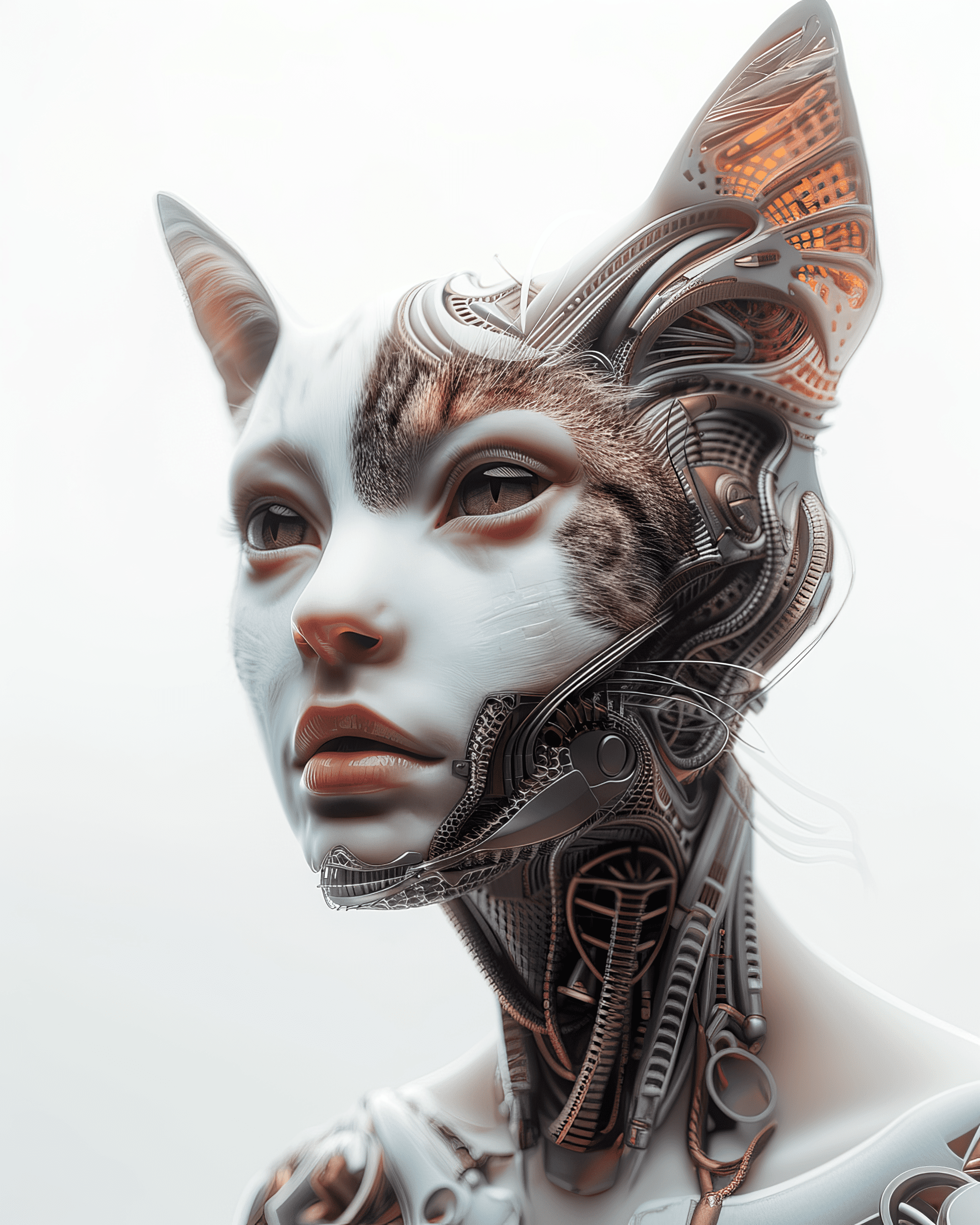 Best quality, masterpiece, portrait of a hybrid woman cat, beautiful detailed face, white background, soft light, hyperrealistic, intricate, highly detailed 8k --ar 4:5 --s 50 --no freckles