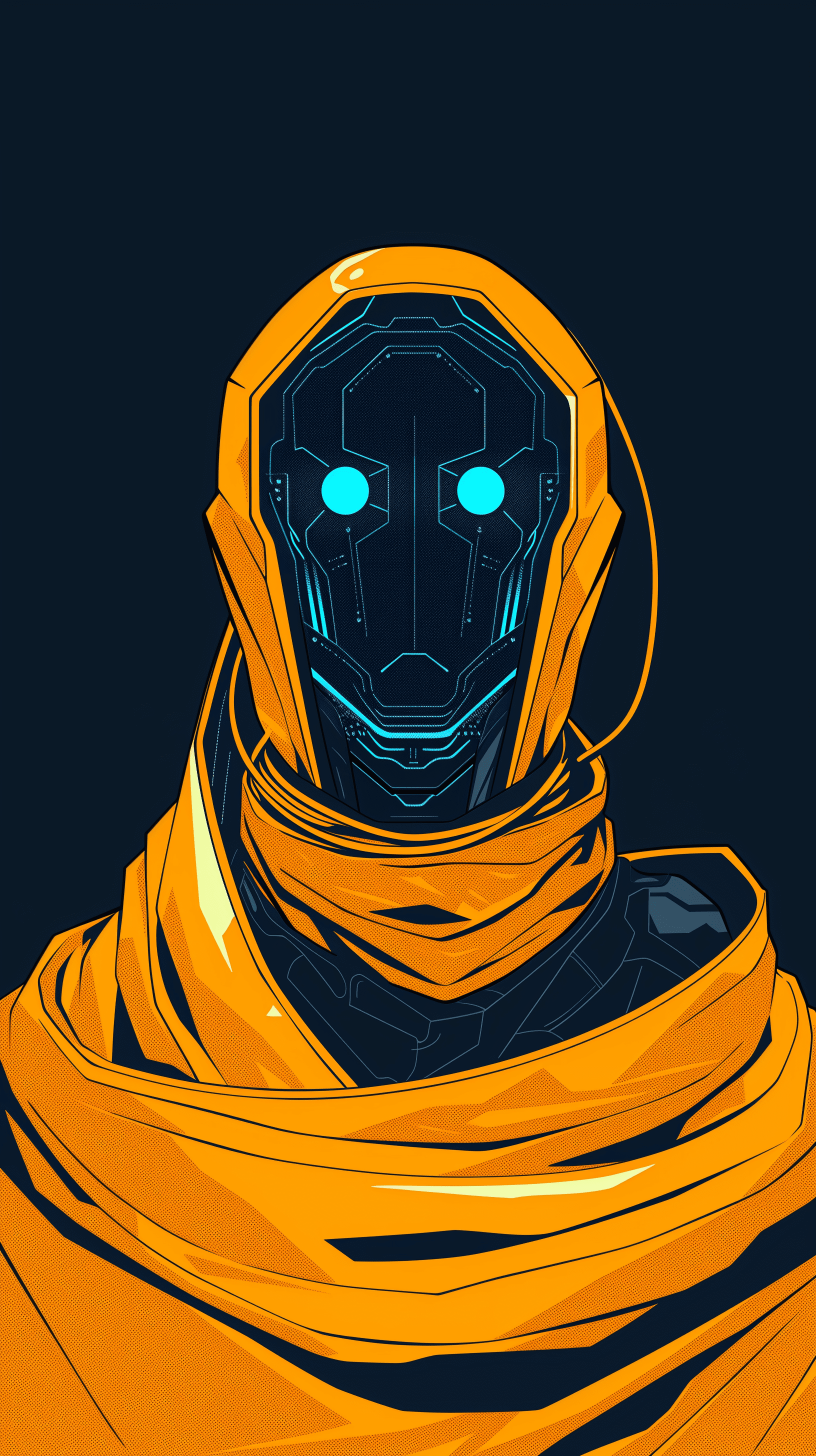 Digital portrait of a high-technology robot in yellow cape, gaze, front view, drawn in bold shades of turquoise and soft orange against a dark navy background, emphasizing strength and intensity in the eyes, a modern, graphic illustration style, minimalistic facial features --ar 9:16