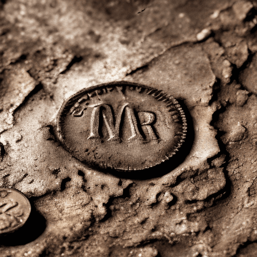 Ultra close-up macro photograph of an old, weathered coin found in the dirt while metal detecting, highlighting the worn inscriptions and patina, with natural, overcast light, and a gritty texture of the soil. The canon eos r5 focuses closely on the coin with the background blurred. The scene is ultra detailed with realistic textures resembling a photograph taken using a canon ef 100mm f/2. 8l macro is usm lens.