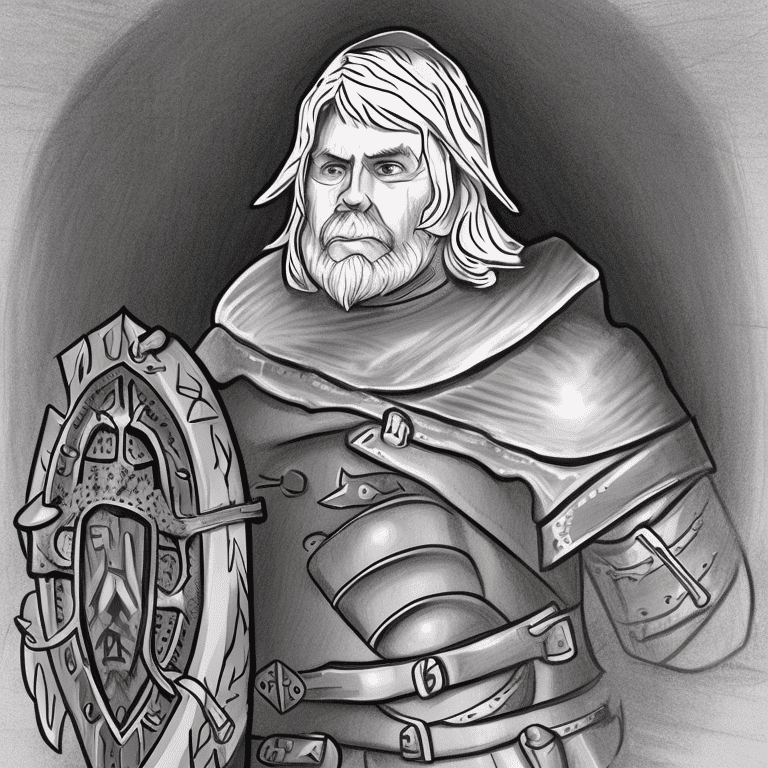 Drawing of a knight with a shield and a cloak, in the style of grim hollow dnd book, full plate magic armour, spellbook, gray hair, member of the order of the dawn, high detail