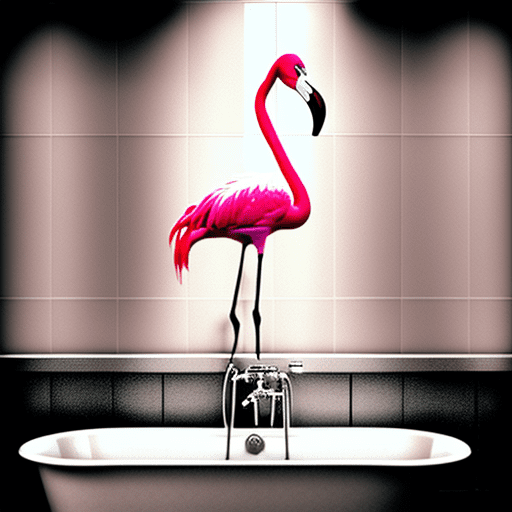 A model and a flamingo in the bathtub, bathroom, tile walls, muted tones, 35mm photography, in the style of helmut newton, hyper realistic, hasselblad 500 c/m
