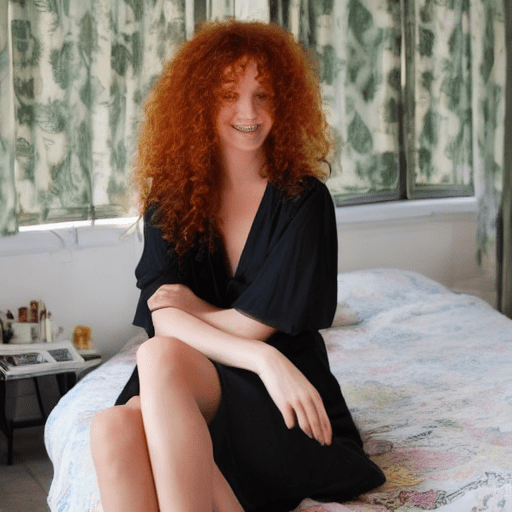 Full body photo ((extremely attractive) ) woman, long curly ginger hair, perfect eyes, (freckles:0. 2, light makeup, black blouse, long dress clothes, sitting on the end of her bed in her bedroom, gorgeous smile, bright sunlight coming through the windows, sheer curtains diffusing the sunlight. Large depth of field, deep depth of field, highly detailed, highly detailed, 8k sharp focus, ultra photorealism