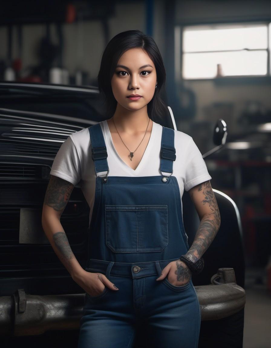 Female dressed as car mechanic, workshop background, visible face, jeans, tattoos, (full body visible) , looking at viewer, portrait, photography, detailed skin, realistic, photo-realistic, 8k, highly detailed, full length frame, high detail raw color art, piercing, diffused soft lighting, shallow depth of field, sharp focus, hyperrealism, cinematic lighting