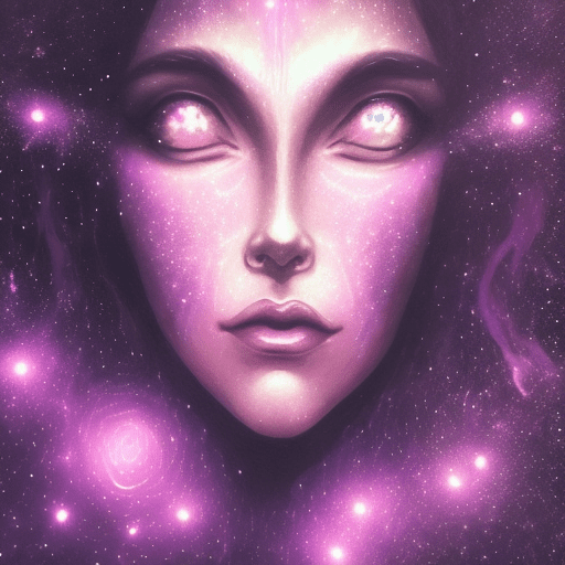 Dark illustration, faerie glittering face, celestial environment, mystical and ambient pink lights