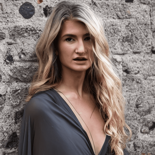 A woman with long wavy blonde hair in a loose updo, wearing a sheer dark gray dress with a deep v-neckline, standing outdoors on a cobblestone street during golden hour. She is facing the camera with a neutral expression. Warm, soft lighting highlights her features.