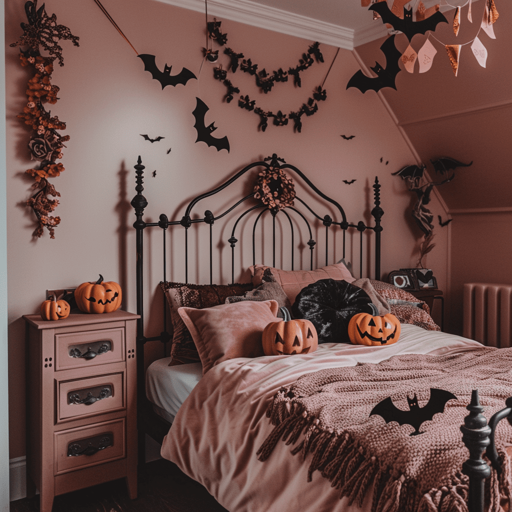 A cozy bedroom full of gothic whimsical decor. Pink halloween decorations are placed on the walls and bed, there is a combination of soft pastel pink and oranges. The bed is made up of gothic metals and it looks like a witches room with a couldron in the corner. Bats are hung on garland for decoration. Comfrotable pumpkin pillows are on the bed. The walls are solid color, and the nightstand is a brown or white. Photorealistic, cinematic
