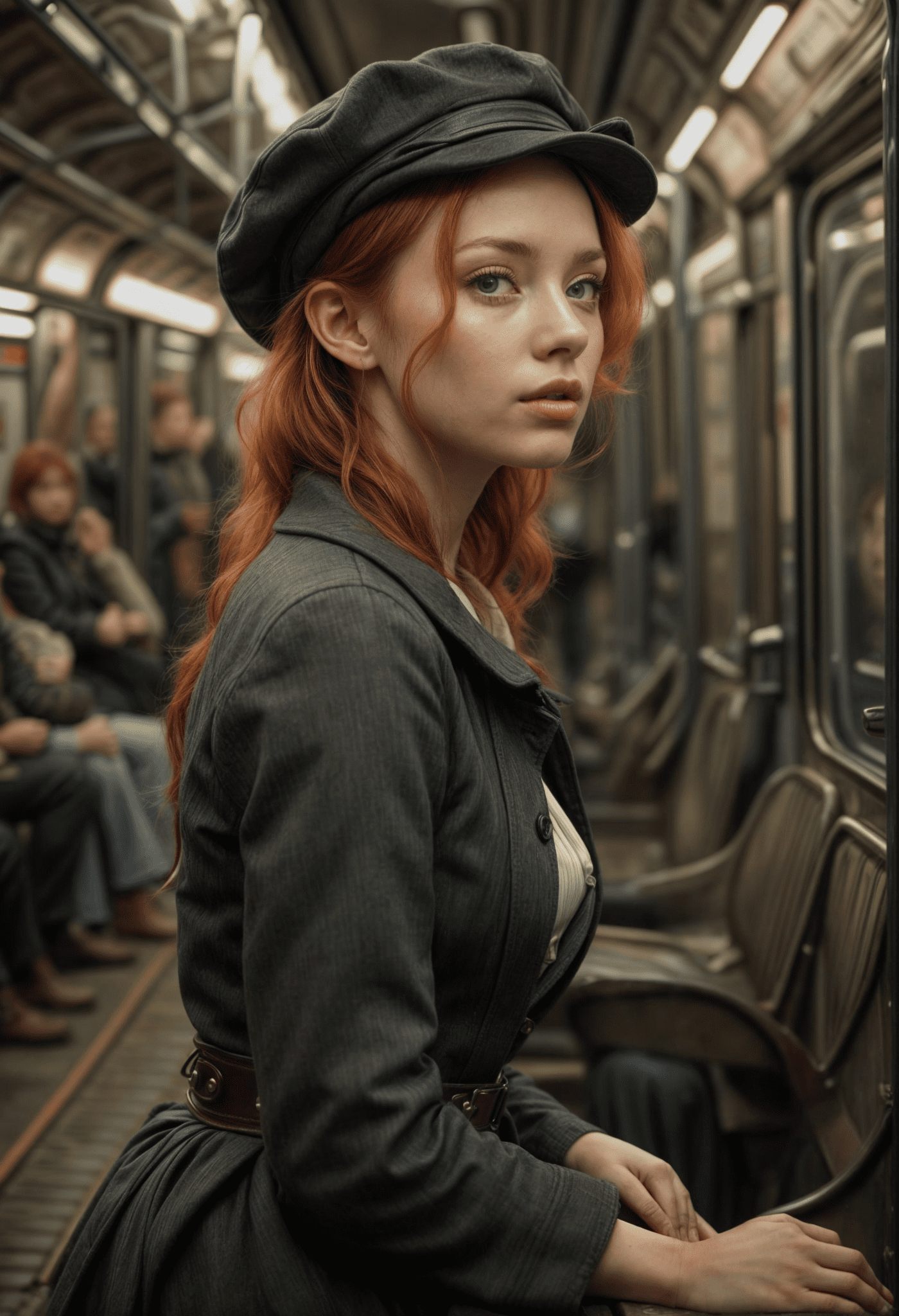 Ginger woman with hands on hips seated inside a london underground train, cropped top, backdrop of bustling passengers and rails, cinematography emulating the style of lena oxton, meticulous facial details combines the finesse of luis royo, intensity of boris vallejo, and the impressionistic texture of van gogh, studio lighting, cinematic masterpiece, hyperdetailed.