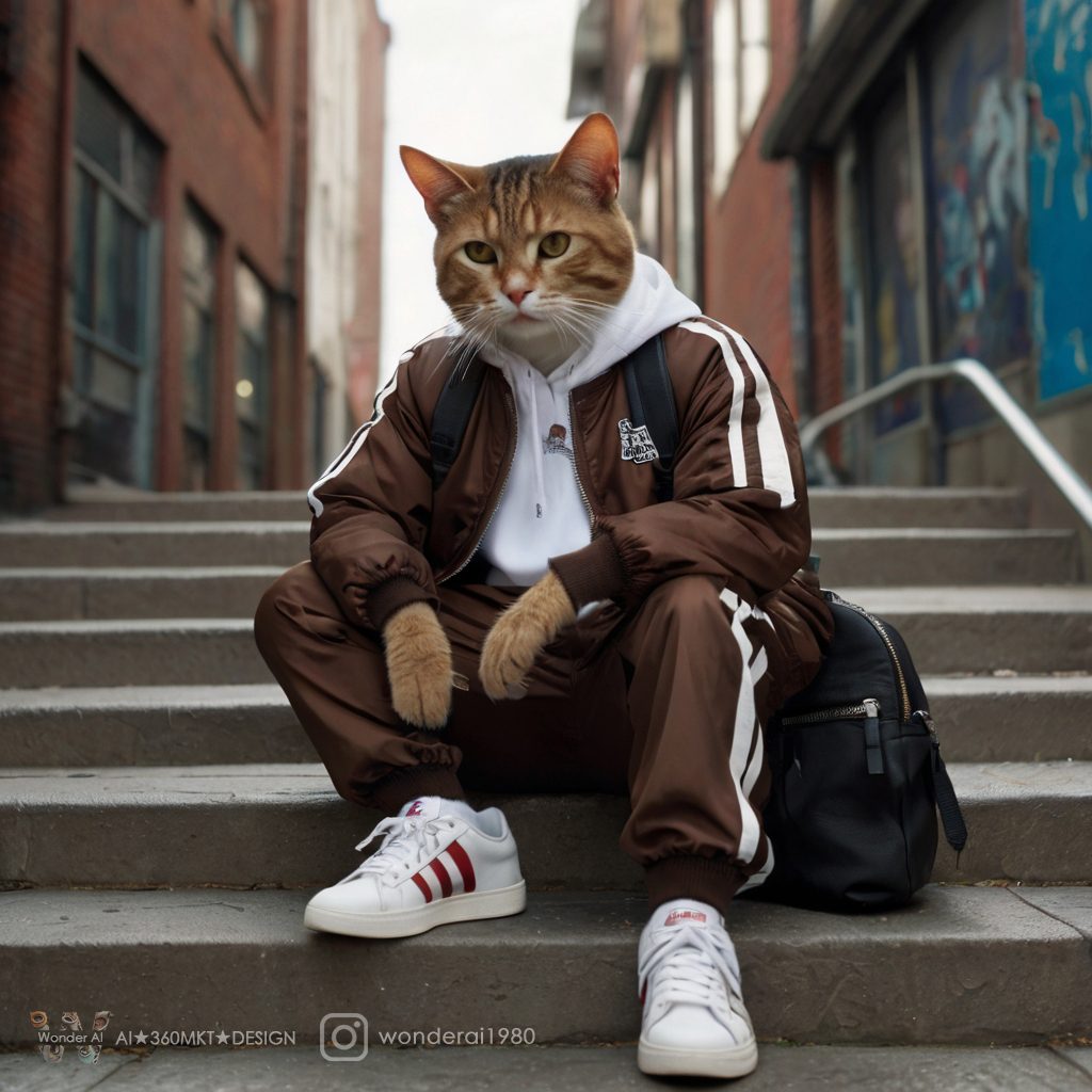 Anthropomorphic, a cat named ”street style kol kitty” wearing dark brown flight jacket, and white sneakers, with coach bag, against an urban street background with wide depth of field, sitting on the stairs, adorned with mori style stripes, portraying a street life scene with a hip-hop flair, master shot, 4k