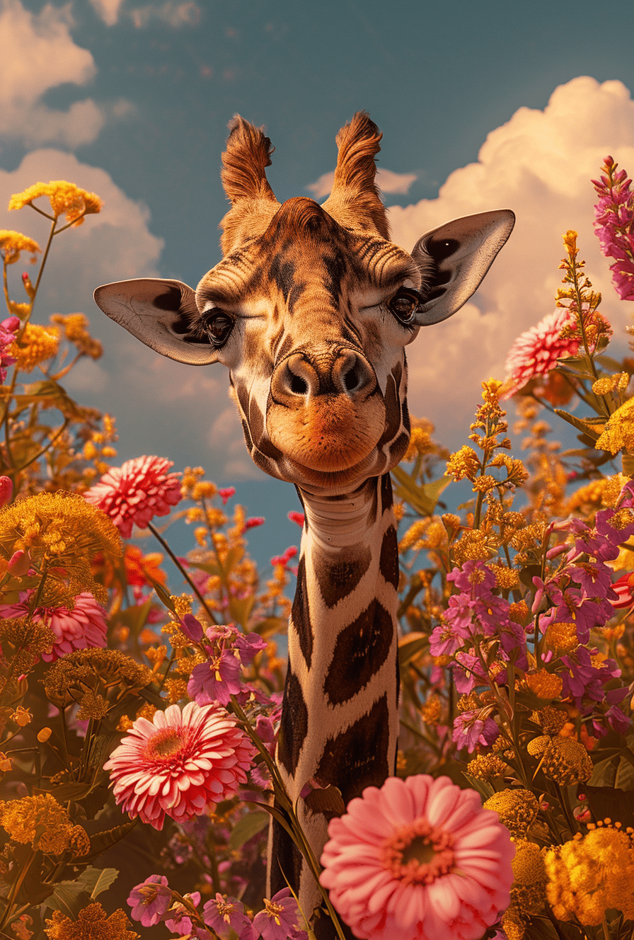 Giraffe in flowers by artist arne thun, in the style of natalia rak, 8k resolution, vintage aesthetics, wallpaper, animated gifs, naoto hattori, highly realistic --ar 43:64 --v 6. 0