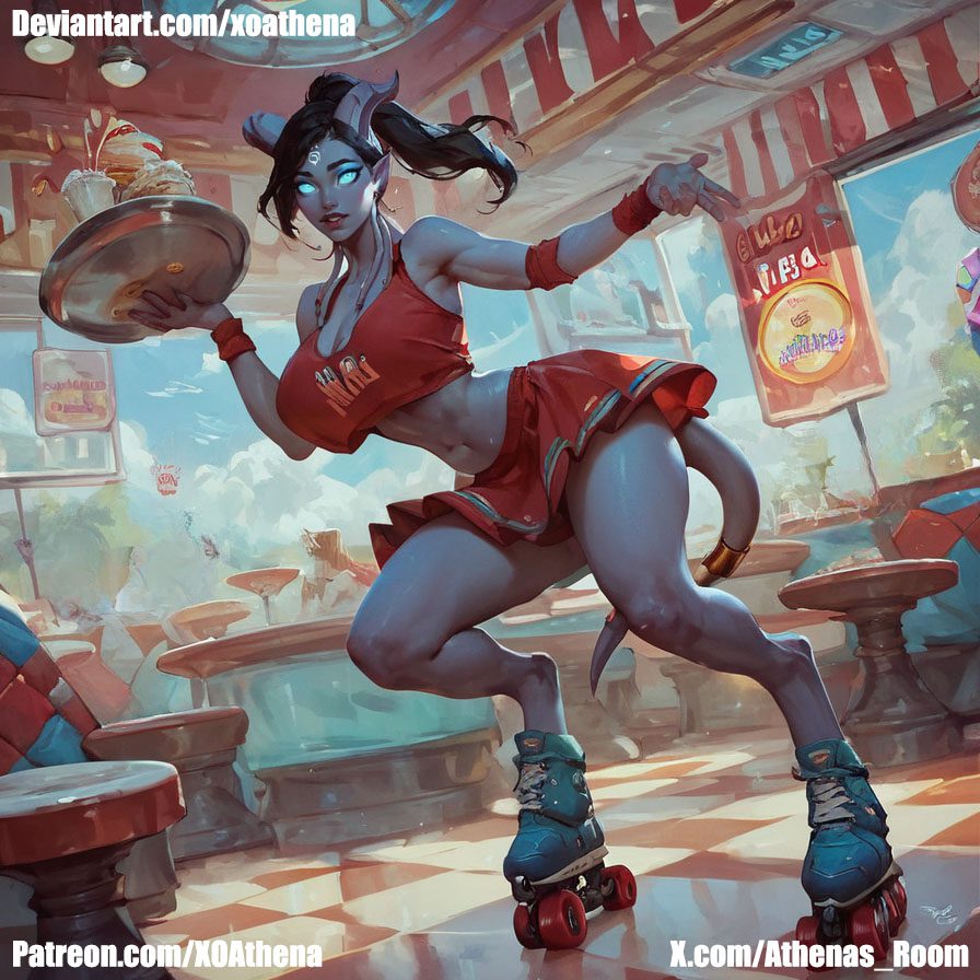 1girl, draenei, ponytail, white skin, black hair, semi-realistic, roller skates, whole body, big breasts, blue glow eyes, waitering, diner background