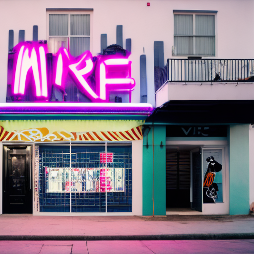 A cinematic photo of a stylish storefront for "miraveo", featuring a prominent black basketball with the "mrvo" logo in white. The storefront is decorated with street art, vibrant colors, and hip-hop elements from the 90s. The sign reads "miraveo" in bold letters. Neon lights illuminate the scene, reflecting the energetic spirit of street sports like basketball and skateboarding. Created using: canon eos r5, high contrast, fisheye lens, neon lighting, urban street art, 90s hip-hop influence, vibrant colors, dynamic composition, hd quality, natural look --ar 16:9 --v 6. 0