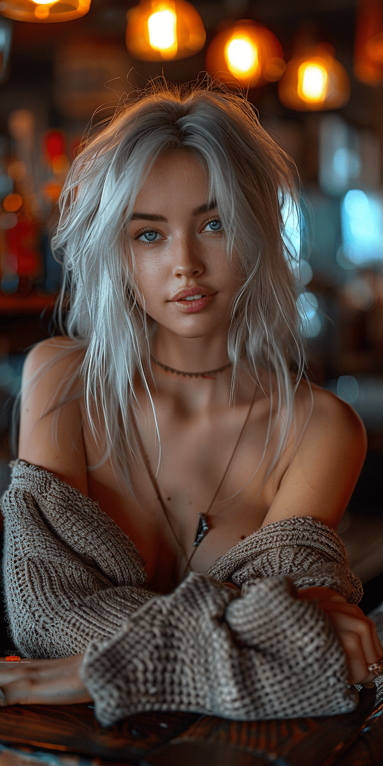 A beautiful girl with silver hair in an open sweater is leaning on the counter of a cyberpunk bar, smiling at the camera, photorealistic with a cinematic look featuring a bokeh effect, depth of field with sharp focus on the subject and intricate details in the skin texture, soft lighting with hdr and volumetric light, shot on a sony a7 iii --ar 1:2 --stylize 750