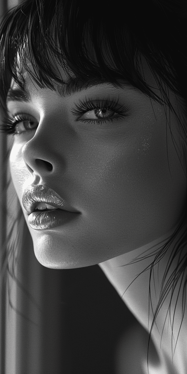 Black and white photo of a beautiful woman, a closeup of her face, bangs, long eyelashes, a high nose bridge, lips slightly open, perfect skin, hyperrealistic, photorealistic, high definition, high resolution, high detail, silhouette lighting --no freckles --ar 1:2 --stylize 750