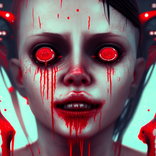 Dreamy girl with right oversized eye, small left eye, with face scare showing the teeth and jawbones, red wax dripping on her face, cyberpunk style, intricate details, dark, madness, characters, vivid colors, octane rendered, 8k, high res
