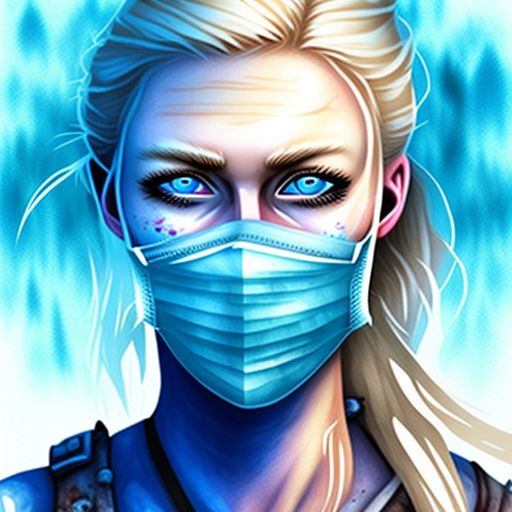 Head and shoulders shot of an blonde female with ice blue eyes and wearing a face mask with zombies on it in a post apocalyptic landscape, 16k, epic, sharp focus, intricate detail, backlit, dynamic lighting, watercolor illustration, painting