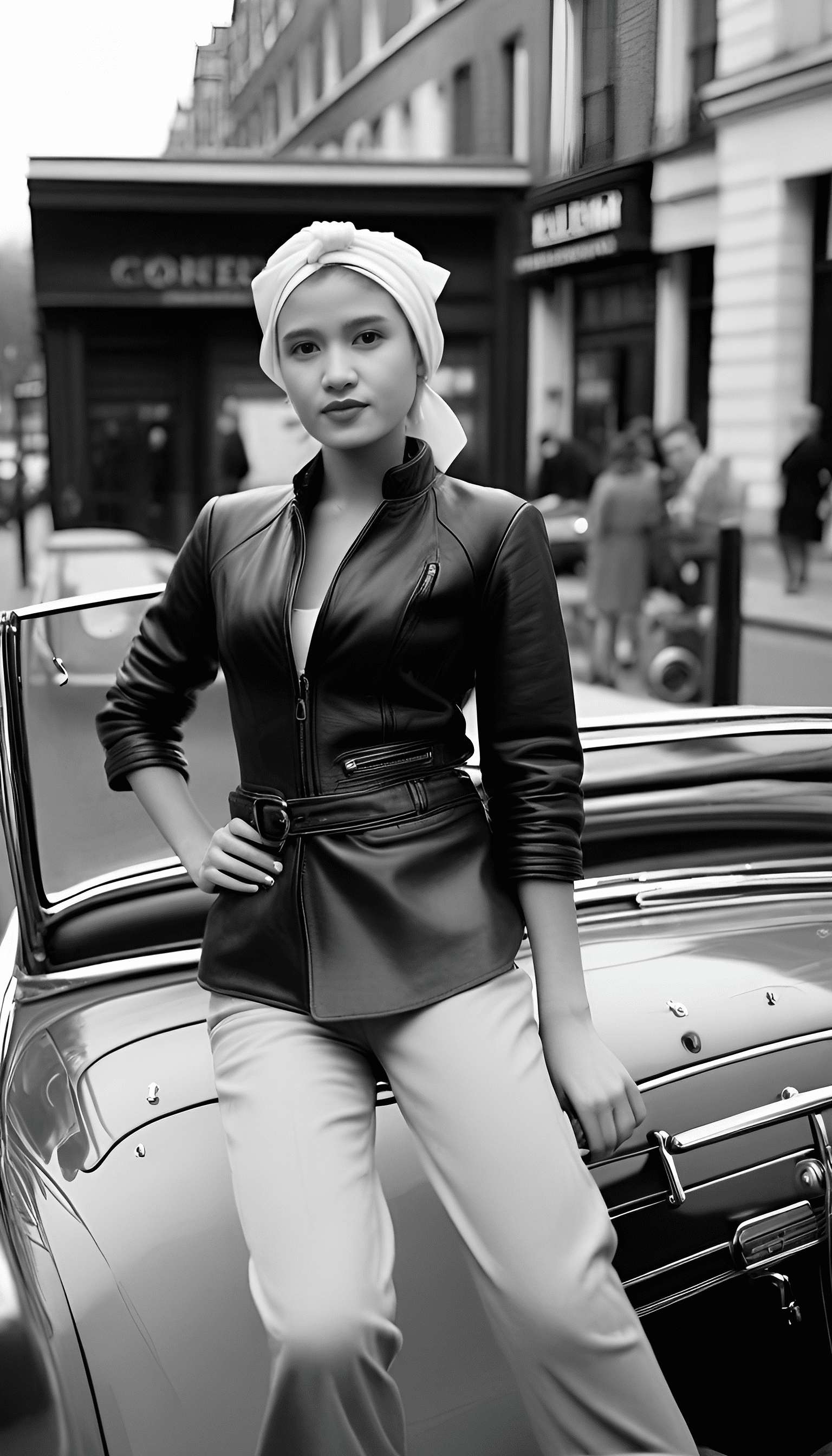 Black and white street photography of an attractive woman in leather jacket with headscarf sitting inside vintage convertible car, on the streets of london, shot by arriflex 35 bl camera canon k35 prime lenses --ar 1:2 --stylize 750