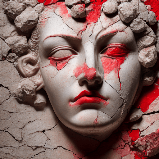 An image of a classical sculpture of a cracked female face with serene, closed eyes and full red lips emerging from a cracked and peeling wall. The face should have a network of cracks, as if made fragility of porcelain or plaster. The sculpture seems to be breaking free from the surrounding crumbling wall, which has a rough, tactile texture. The color palette should be muted, with earthy tones for the wall and a pale hue for the face, highlighted by the red lips.