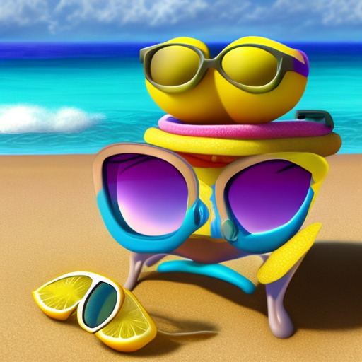 A pixar-style 3d lemon character relaxes on a sunny beach wearing sunglasses, against a backdrop of vibrant ocean waves.