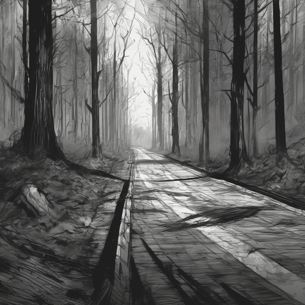 Several faces, watermarks, signaturedepressions, sketch, horror, digital art, masterpiece, road in a forest, shadows, dark, lots faces in the distance