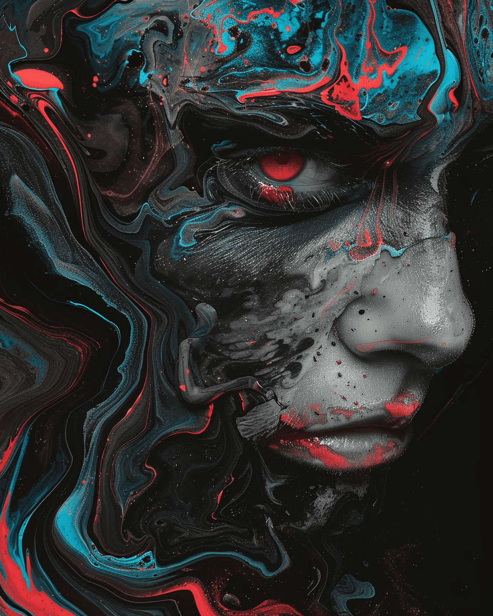 A woman's face with red and blue paint on a dark black background in the style of fluid art. Red eyes and a dark bronze color scheme. High resolution poster art with dark, white, and light crimson tones as well as dark turquoise and deep gray colors. Liquid metal. --ar 4:5 --v 6. 0