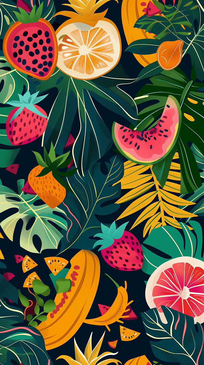Illustration, tropical, bold, various tropical fruits with plants --ar 9:16