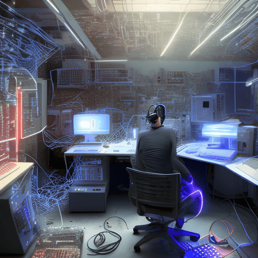 (raw photo) a caucasian hacker mid 30's wearing xr headset and sitting amid a mess of electronics and broken technology in a computer control lab, hyper realistic, intricate details, zoomed to 3rd person view, dull lighting except glowing monitors and random led from trinkets around the room, photorealistic, digital artwork render, 8k, futuristic apocalypse