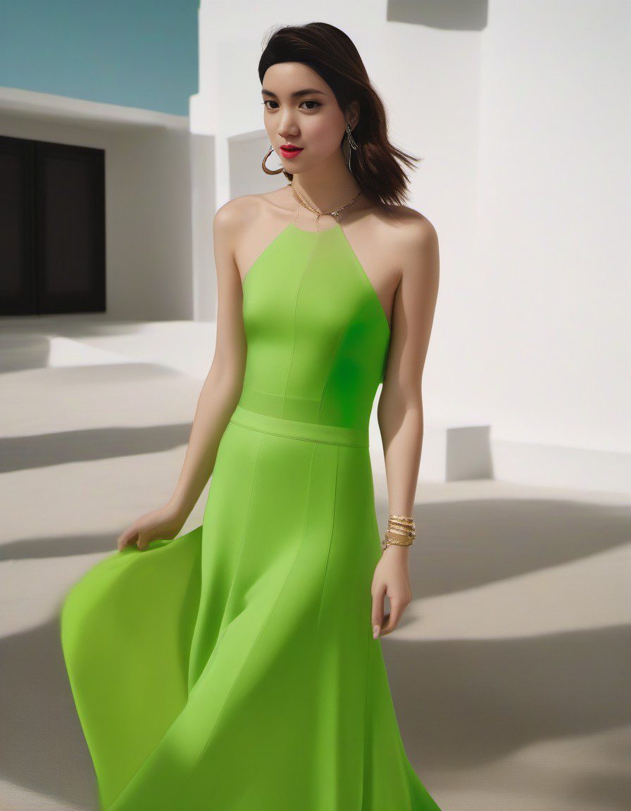 The photograph depicts a woman wearing a beautiful green dress. It appears to be an album cover and may have been inspired by the work of photographer elsa bleda. The woman is wearing a pair of ray-ban glasses and neon sunglasses, which add a pop of color to her outfit. Her dress is skintight and features color blocking, a trendy fashion technique. This long dress is perfect for a female lounge, and the model is wearing green jewelry to complement the dress. The picture was likely taken at a resort and was captured by the talented photographer julian ope. The woman in the photo bears a resemblance to the musician dua lipa or the actress stoya.