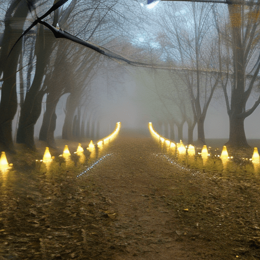 Fairy lights in misty grove.